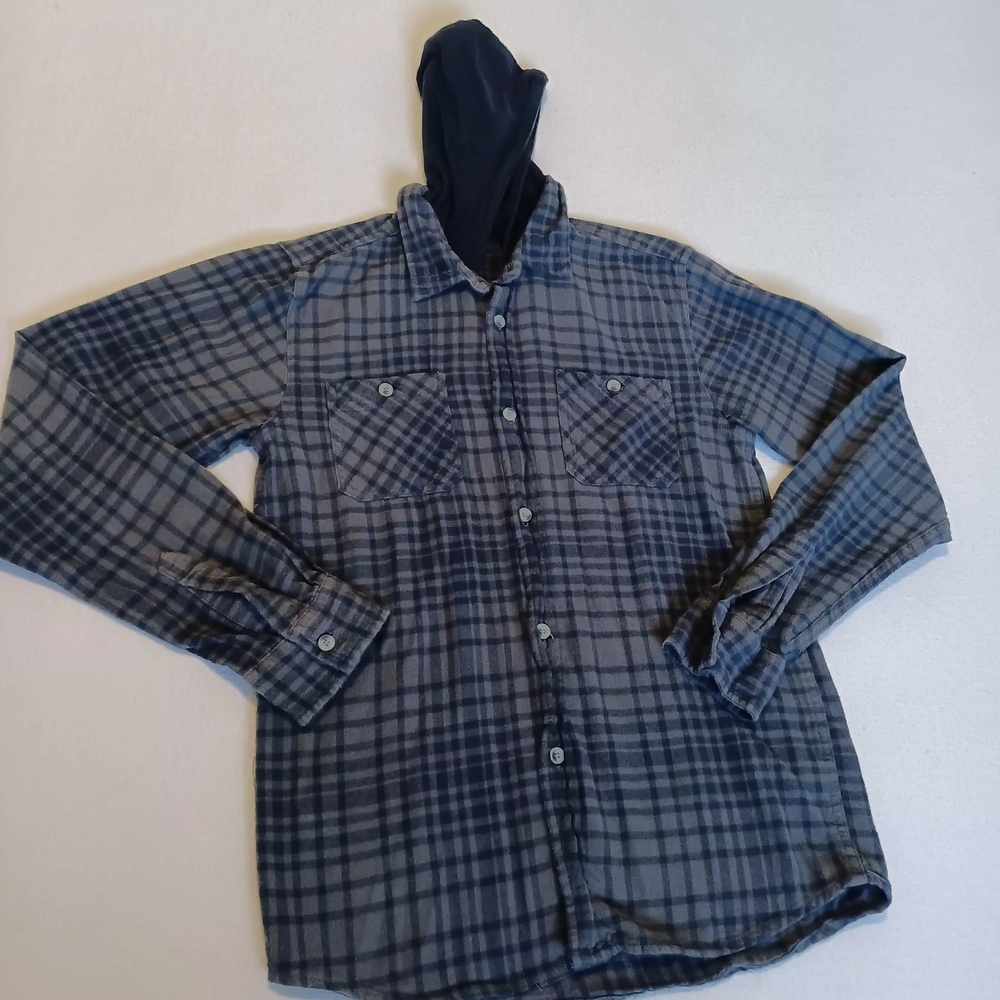 Fission Boy Sz XL Lightweight Plaid Button Down Kid's Shirt With Hood Fall Core